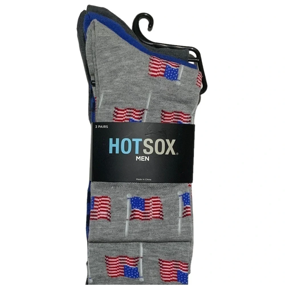 Hot Sox 3 Pack Flag Patriotic Theme Novelty Dress Crew Socks Gift Men’s Unisex